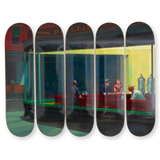 Set of five skateboard decks with a depiction of the famous Nighthawks painting by Edward Hopper.