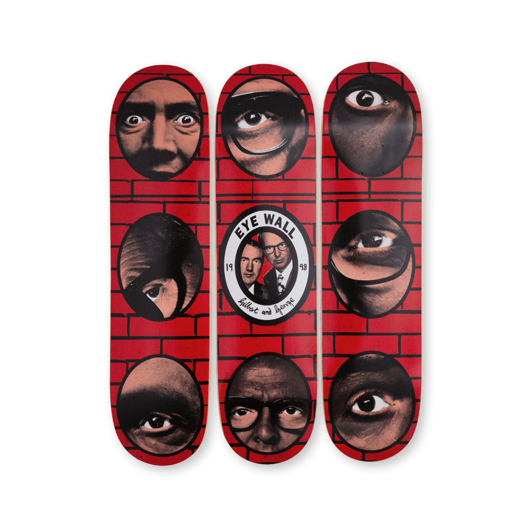 Packshot of Eye Wall skate decks by Gilbert & George and THE SKATEROOM