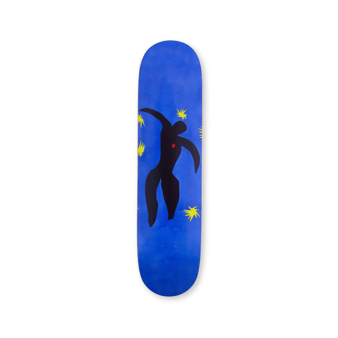 Henri Matisse 'Icare Plate 8 of Jazz' skateboard deck, featuring an iconic cut-out design in bold blue and black hues. Part of THE SKATEROOM's Classics collection.