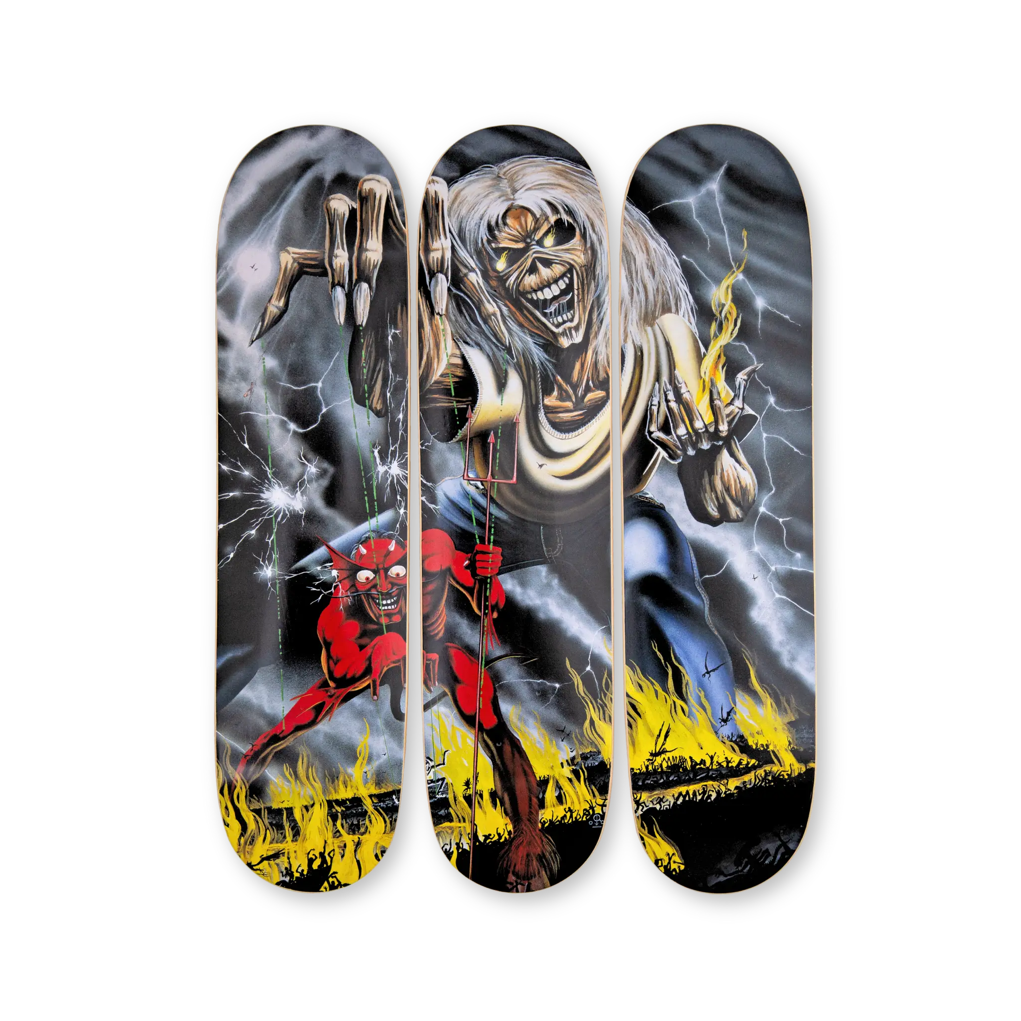 Number of The Beast artwork by Iron Maiden on a set of three skate decks.