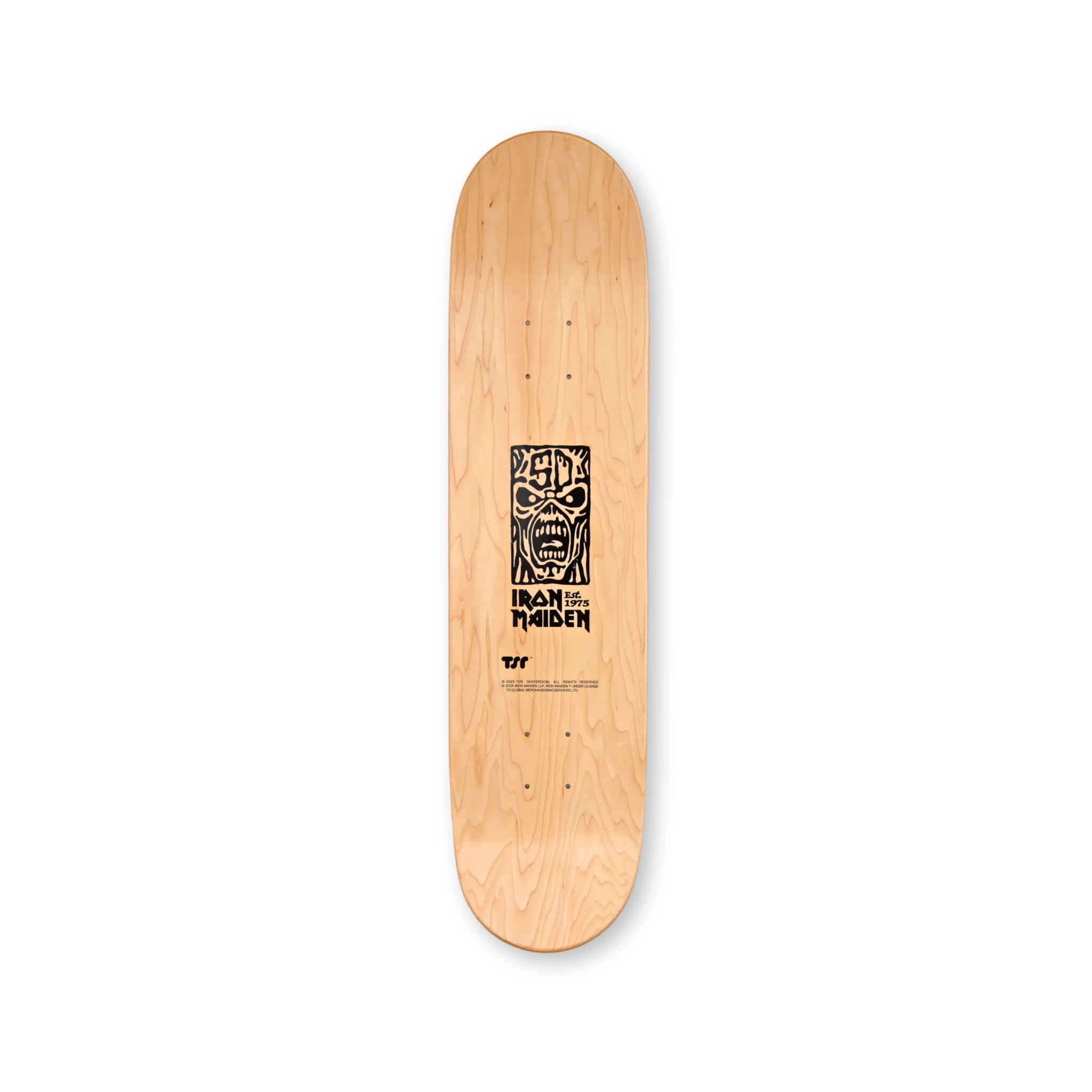 Iron Maiden and THE SKATEROOM logos printed on the top of a skate deck.