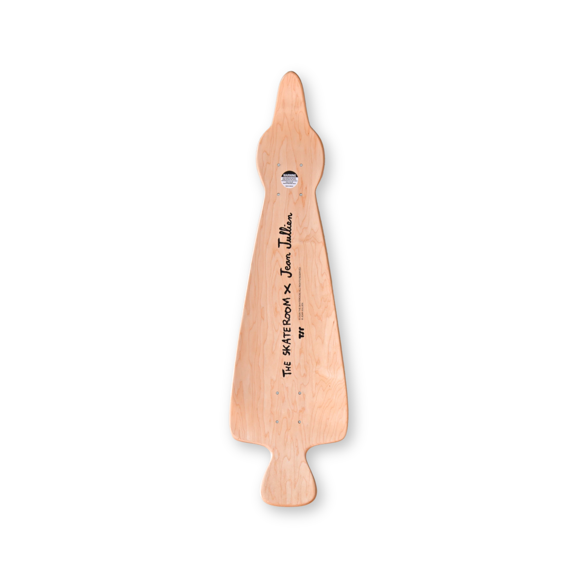 Jean Jullien Birdboard art skateboard by The Skateroom, top print packshot showing natural wood finish