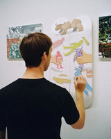 Jean Jullien painting Playing Republic in his studio, in progress detail shot — original artwork collaboration with The Skateroom