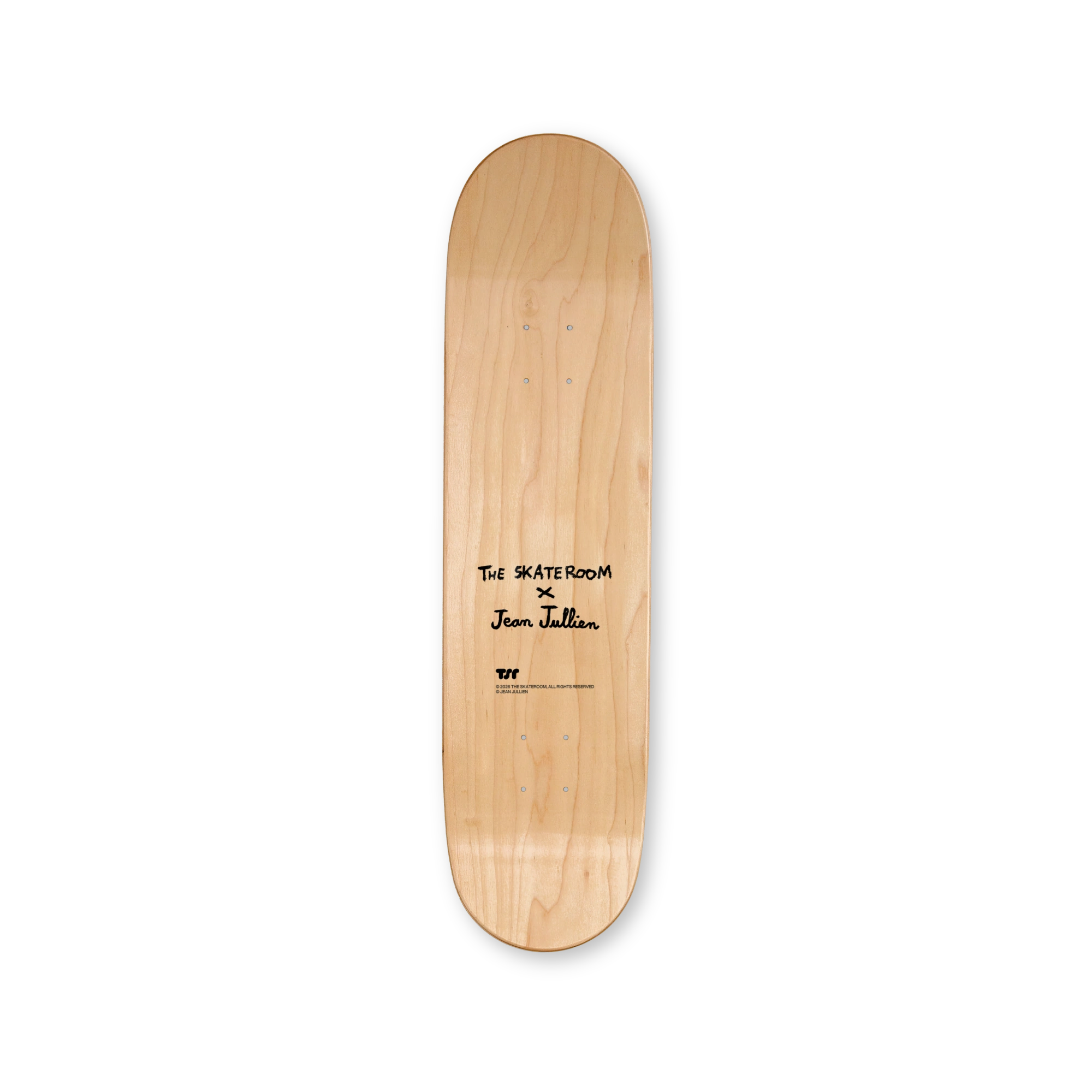 Jean Jullien art skateboard by The Skateroom, top print packshot showing natural wood finish with artist signature