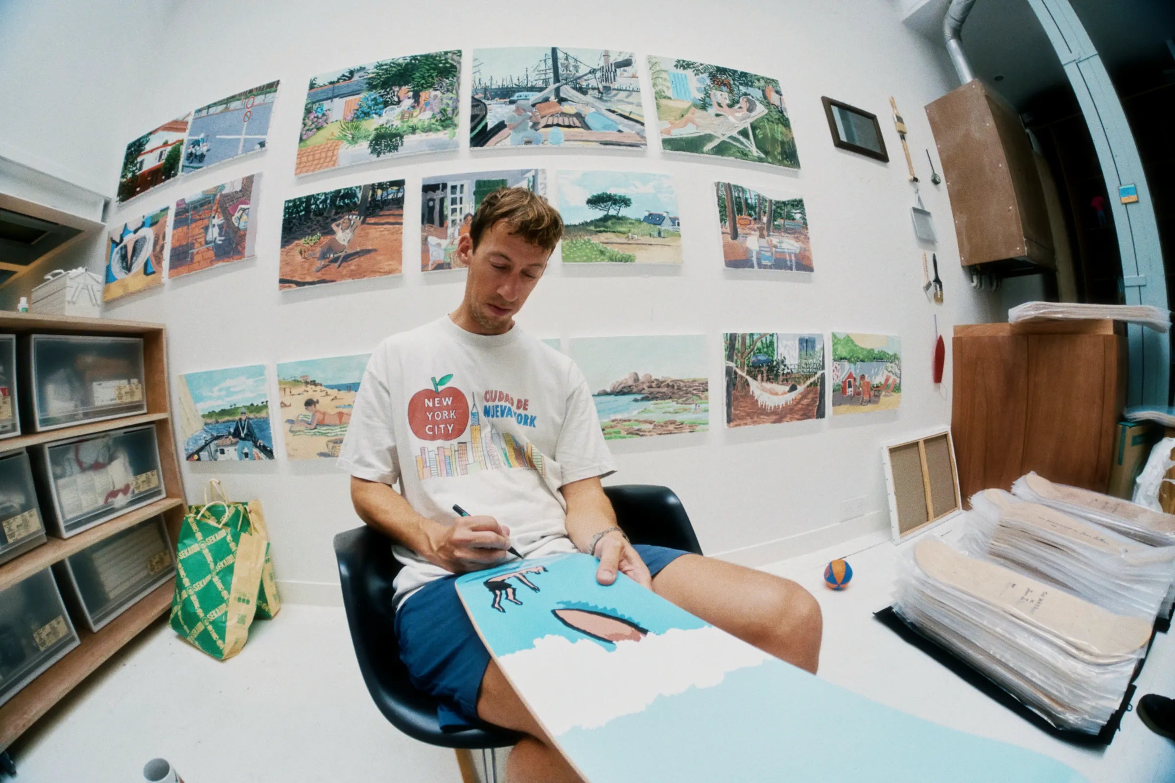 Jean Jullien Cooking hand-signed art skateboard by The Skateroom, editorial lifestyle photography