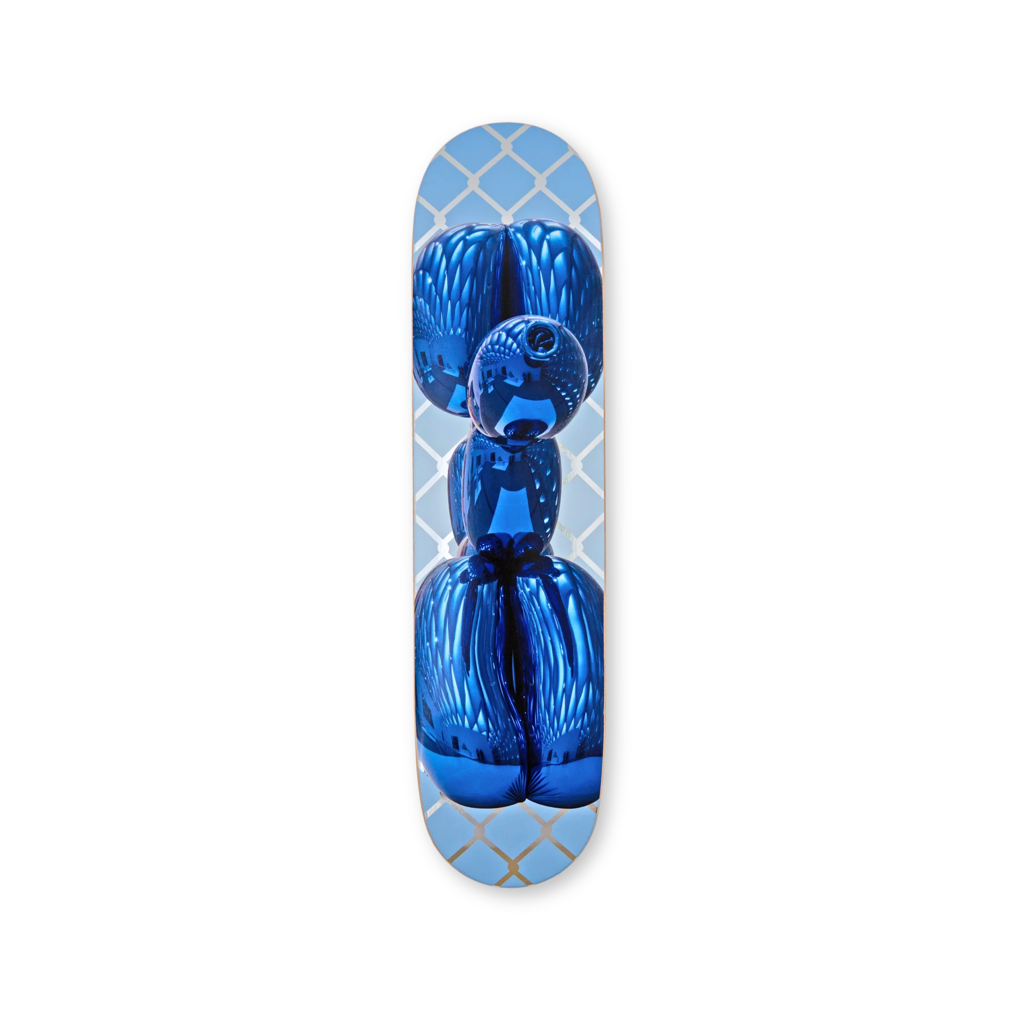 Skateboard deck with Jeff Koons' Blue Balloon Dog  on a white background.