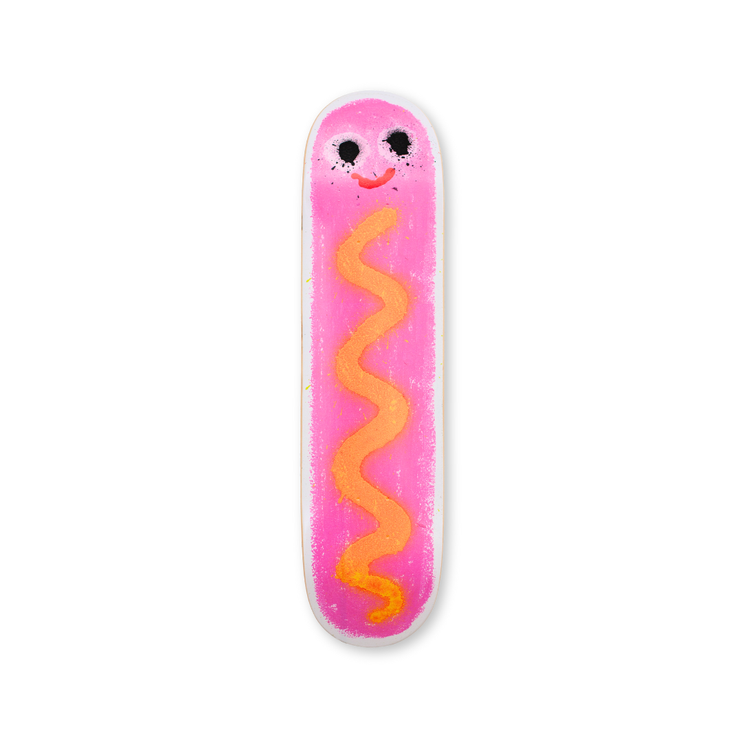 packshot of hot dog skate deck by jon burgerman