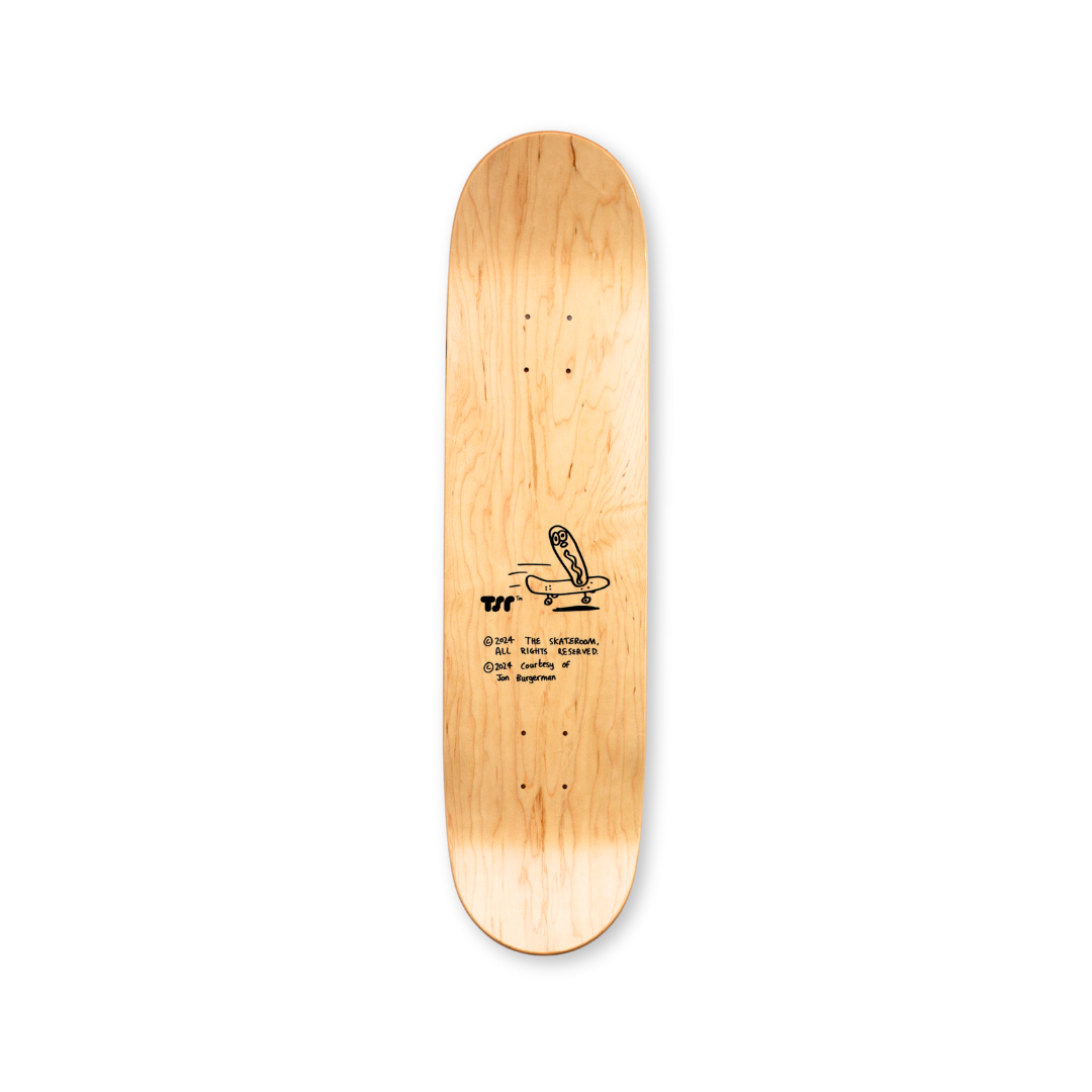 packshot of jon burgerman hot dog skate deck top print