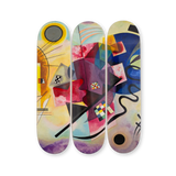 “Yellow-Red-Blue” triptych skateboard deck set by Wassily Kandinsky – three-deck composition featuring a vivid, abstract symphony of shapes and color fields. Part of THE SKATEROOM x Kandinsky collection supporting skate and education projects worldwide.