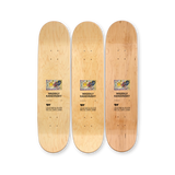Top print of “Yellow-Red-Blue” triptych skateboard deck set by Wassily Kandinsky – natural wood grain finish with centered artwork reproduction and artist details on each deck, part of THE SKATEROOM x Kandinsky collection benefiting social skate projects.