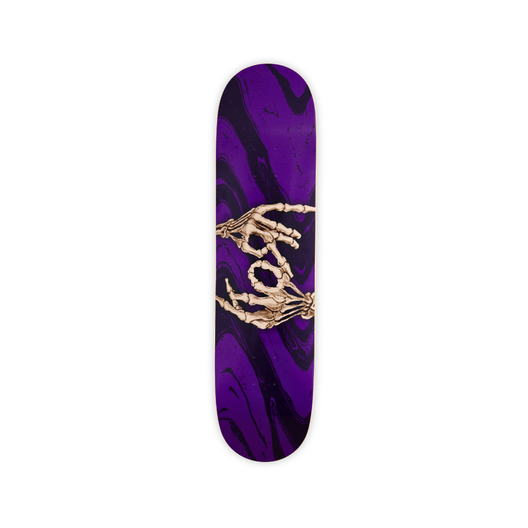 Packshot of "Skeleton Hands" skate deck by THE SKATEROOM to celebrate Korn's 30 years anniversary