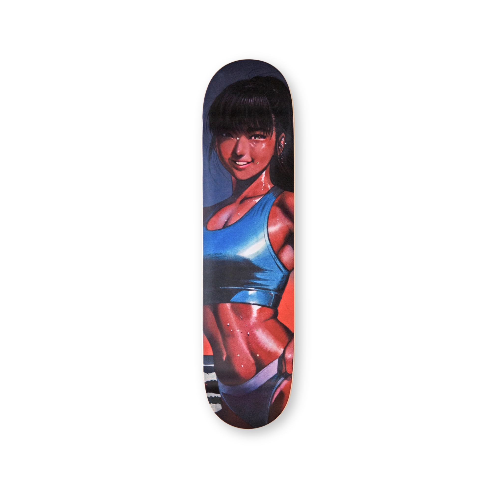 Burning Like a Star skateboard deck by Little Thunder – character with a black bob in vivid blue and red tones