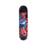 Burning Like a Star skateboard deck by Little Thunder – character with a black bob in vivid blue and red tones