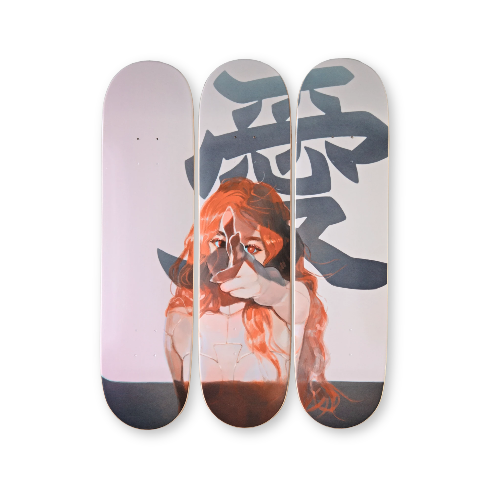 Love skateboard triptych by Little Thunder – three decks forming a red-haired figure beneath the Chinese character for love
