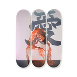 Love skateboard triptych by Little Thunder – three decks forming a red-haired figure beneath the Chinese character for love