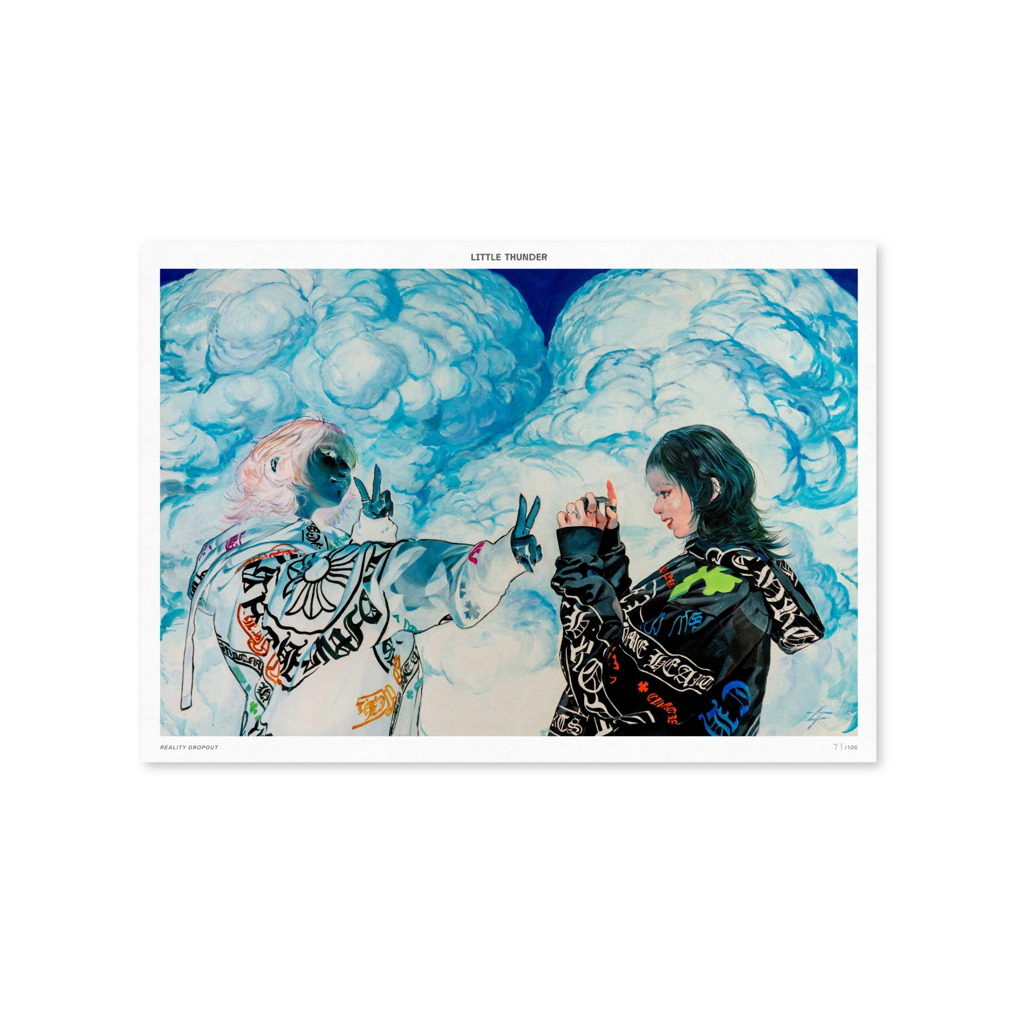 Reality Dropout by Little Thunder – A2 giclée print of two figures in streetwear jackets making peace signs among blue clouds