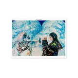 Reality Dropout by Little Thunder – A2 giclée print of two figures in streetwear jackets making peace signs among blue clouds