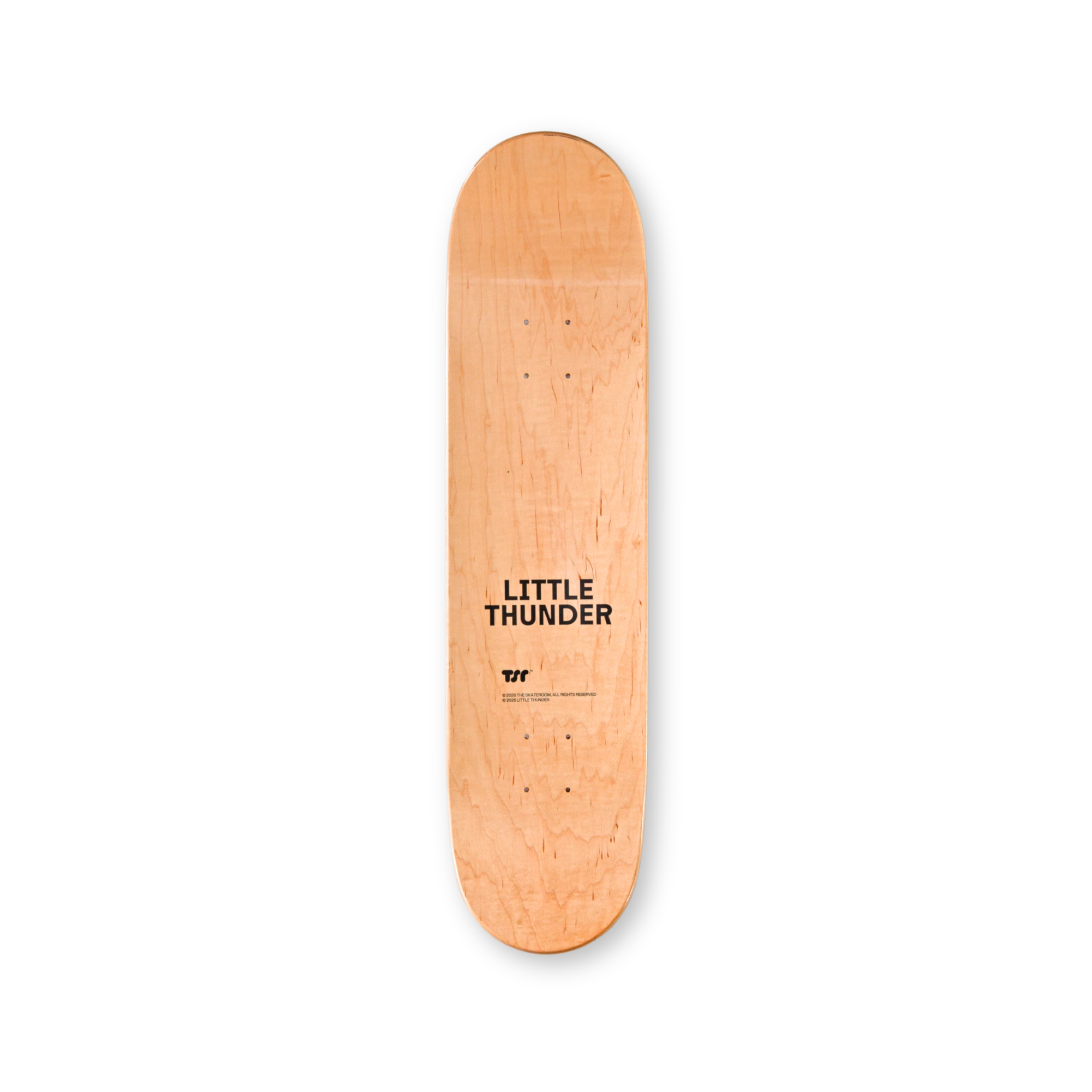 Top side of a Little Thunder x THE SKATEROOM skateboard deck – natural maple wood with Little Thunder logo