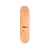 Top side of a Little Thunder x THE SKATEROOM skateboard deck – natural maple wood with Little Thunder logo