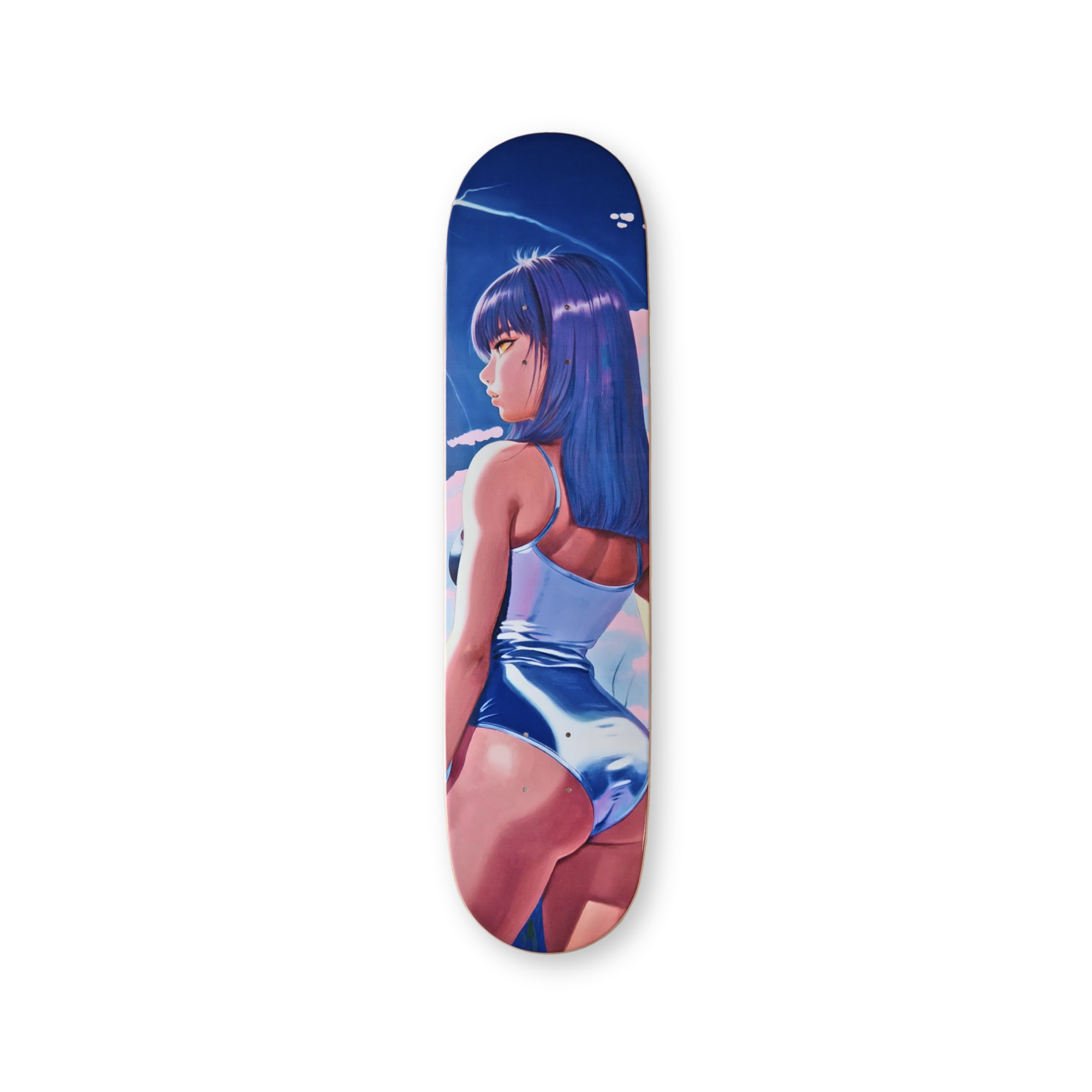 Vitamin Thunder skateboard deck by Little Thunder – blue-haired character in a white swimsuit against a bright blue backdrop