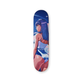 Vitamin Thunder skateboard deck by Little Thunder – blue-haired character in a white swimsuit against a bright blue backdrop