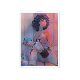 Whirlwind by Little Thunder – A2 giclée print of a curly-haired woman pouring coffee in lavender, blue and pink tones