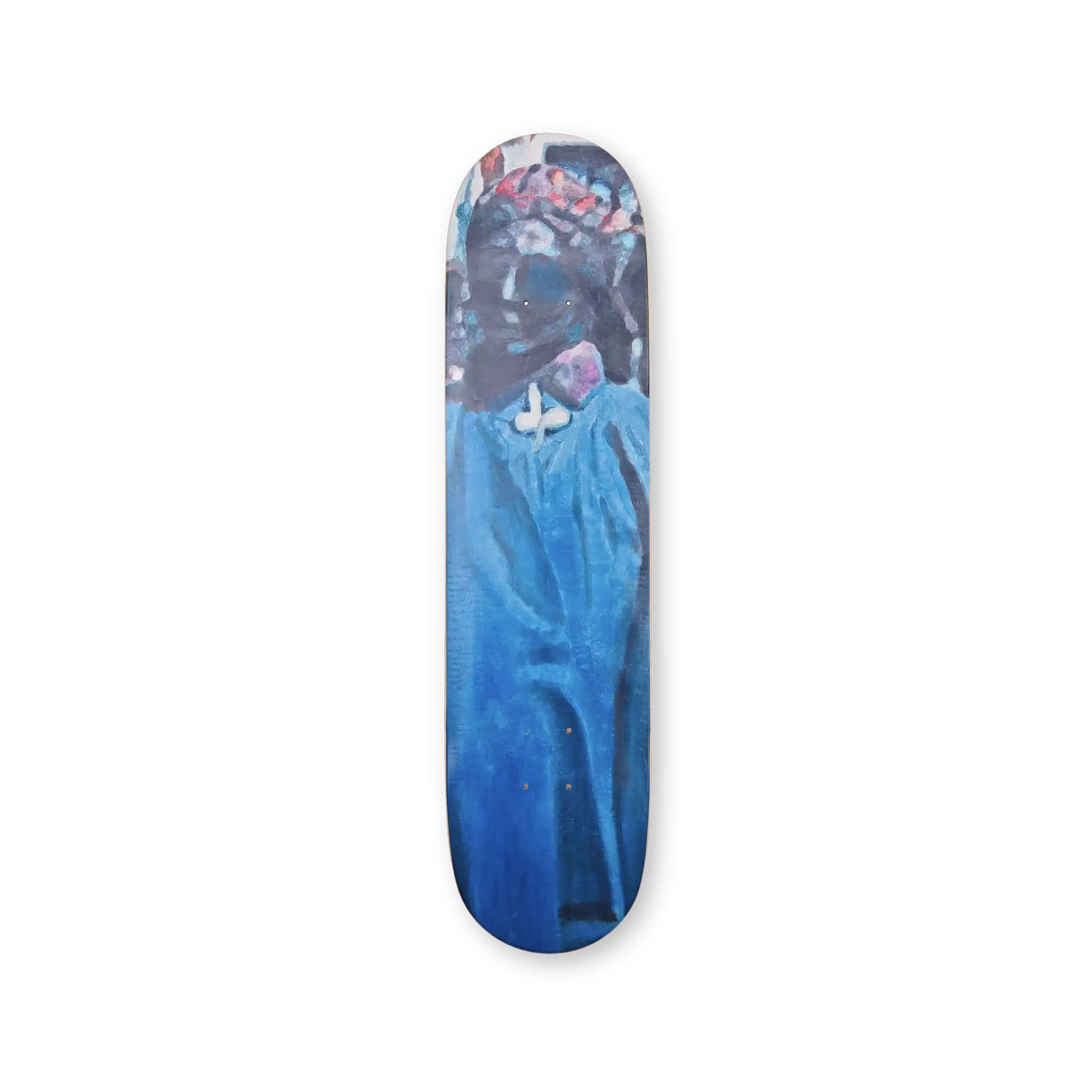 Skateboard deck with a blue and purple design on a white background, artwork by artist Luc Tuymans.