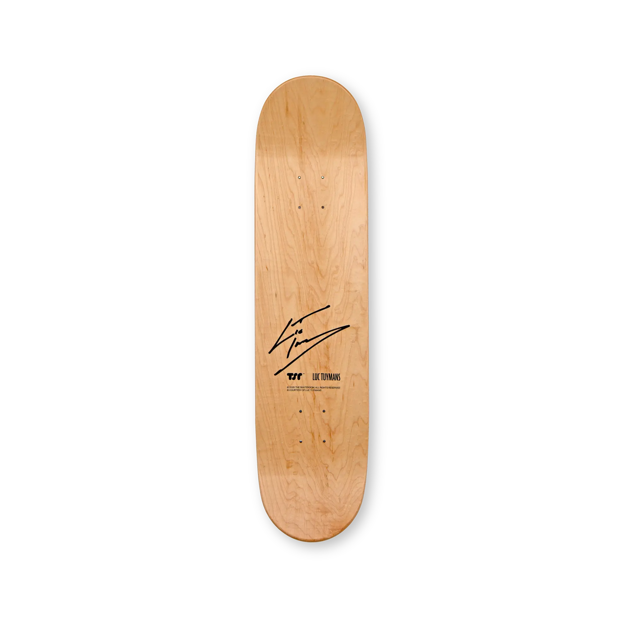 Top print of a skateboard deck with the printed signature of belgian artist Luc Tuymans.