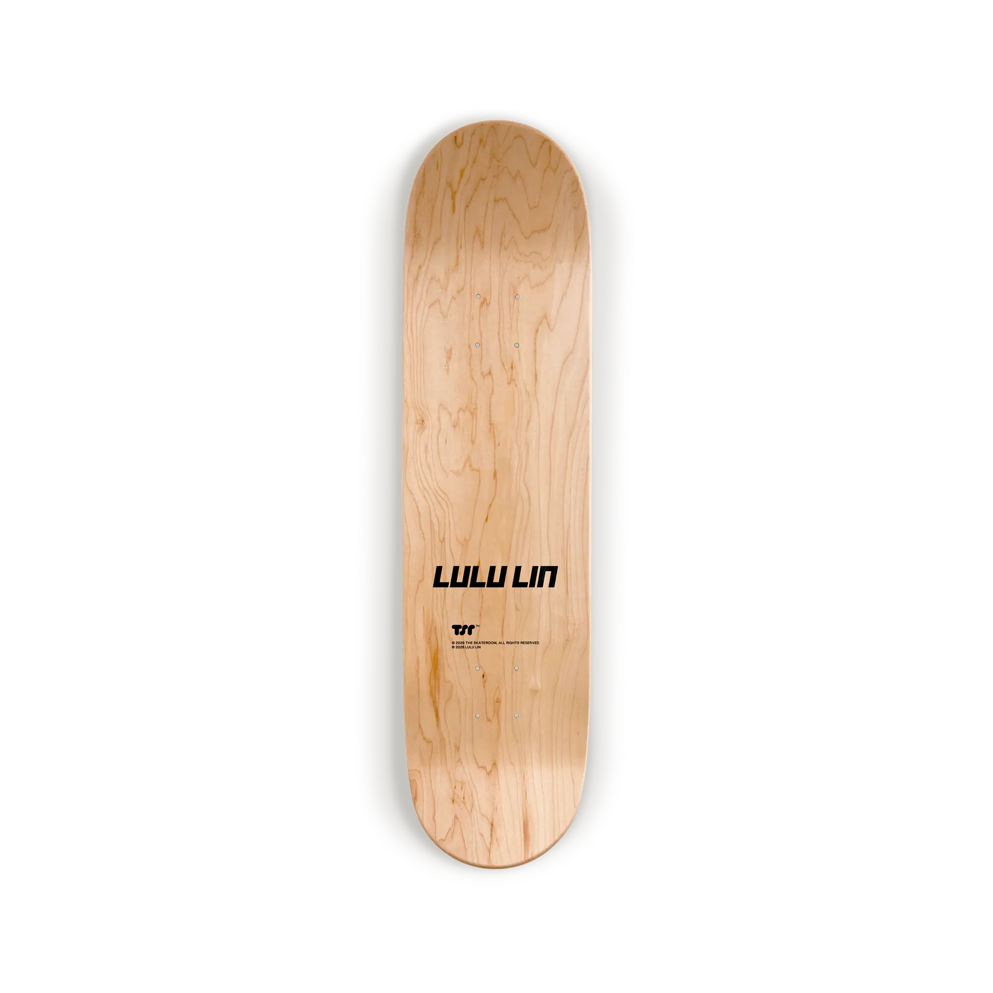 Lulu Lin art skateboard triptych by The Skateroom, top print packshot showing natural wood finish with artist signature