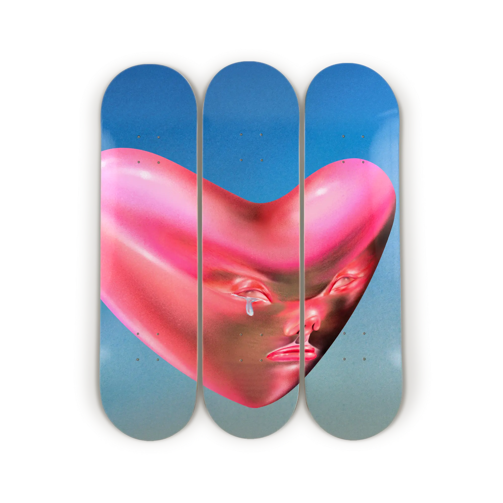 Lulu Lin What Is Love Baby Don't Hurt Me limited edition triptych skate decks by The Skateroom, packshot on transparent background