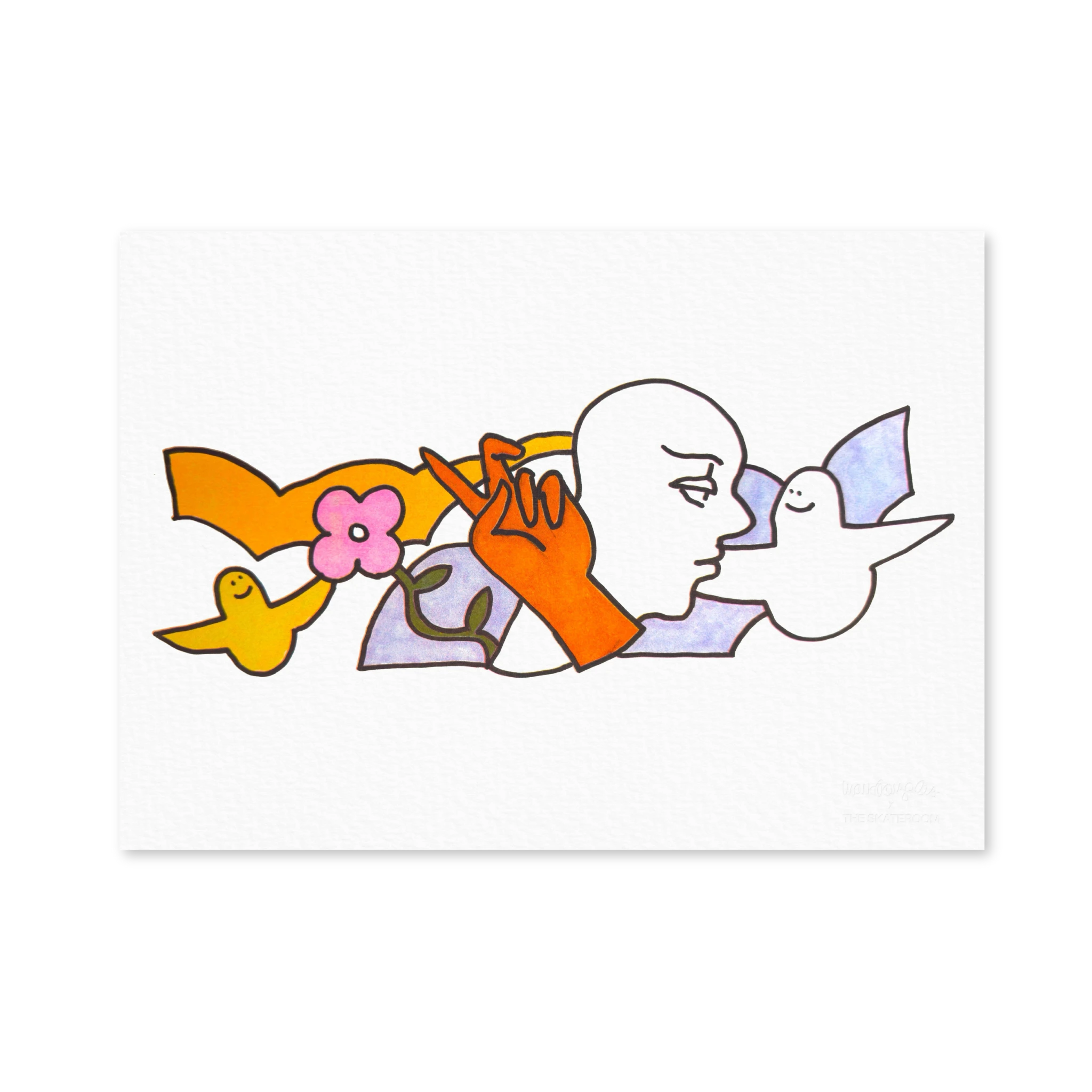 Mark Gonzales 'Untitled 1' Riso print edition featuring abstract figures, birds, and floral elements in vibrant orange, pink, and yellow hues on textured paper. Limited edition print from THE SKATEROOM.