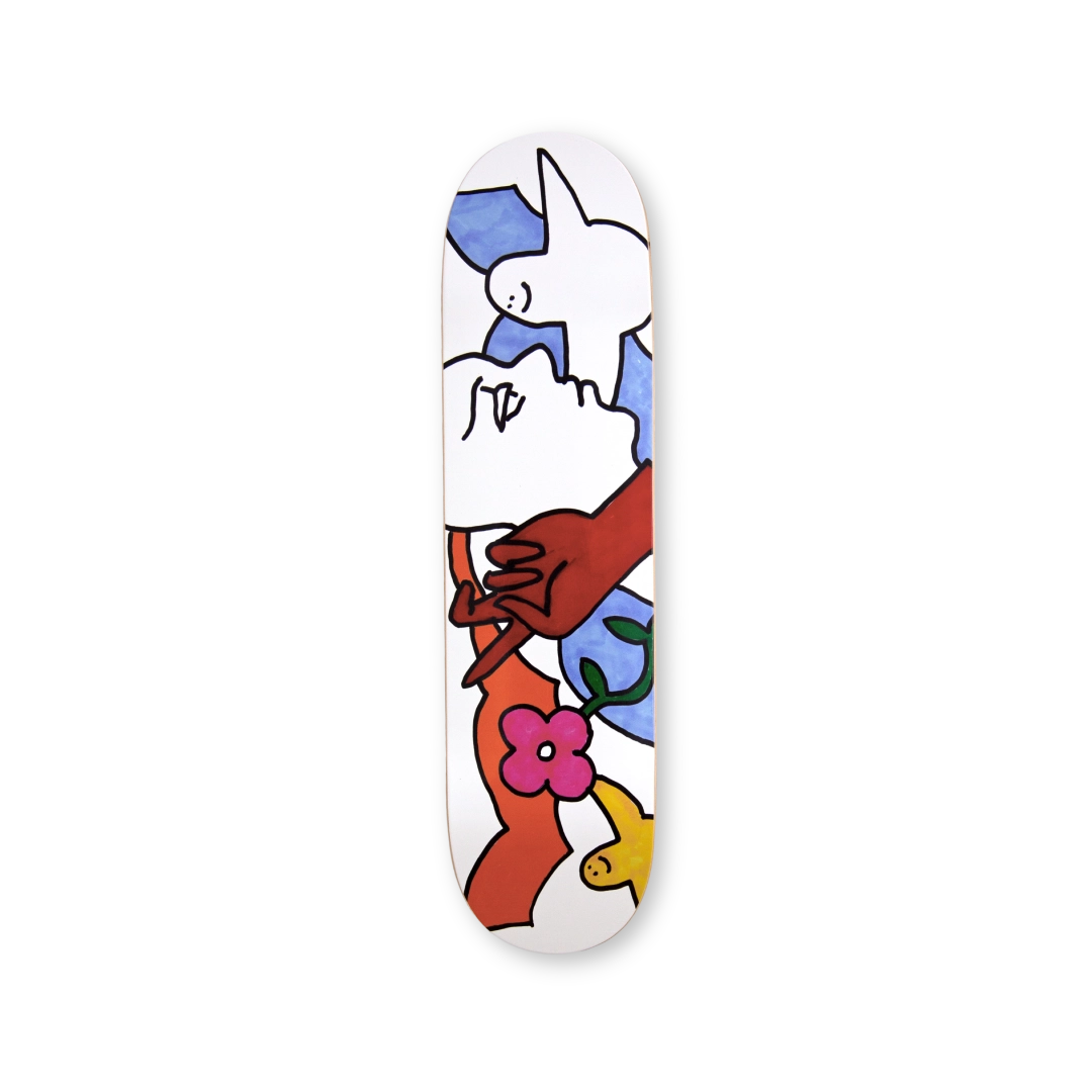 Mark Gonzales Untitled 1 skate deck featuring a vibrant abstract design with bold red, white, and blue elements, including a dove, hand, and colorful shapes, set against a white background.