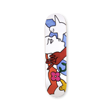 Mark Gonzales Untitled 1 skate deck featuring a vibrant abstract design with bold red, white, and blue elements, including a dove, hand, and colorful shapes, set against a white background.