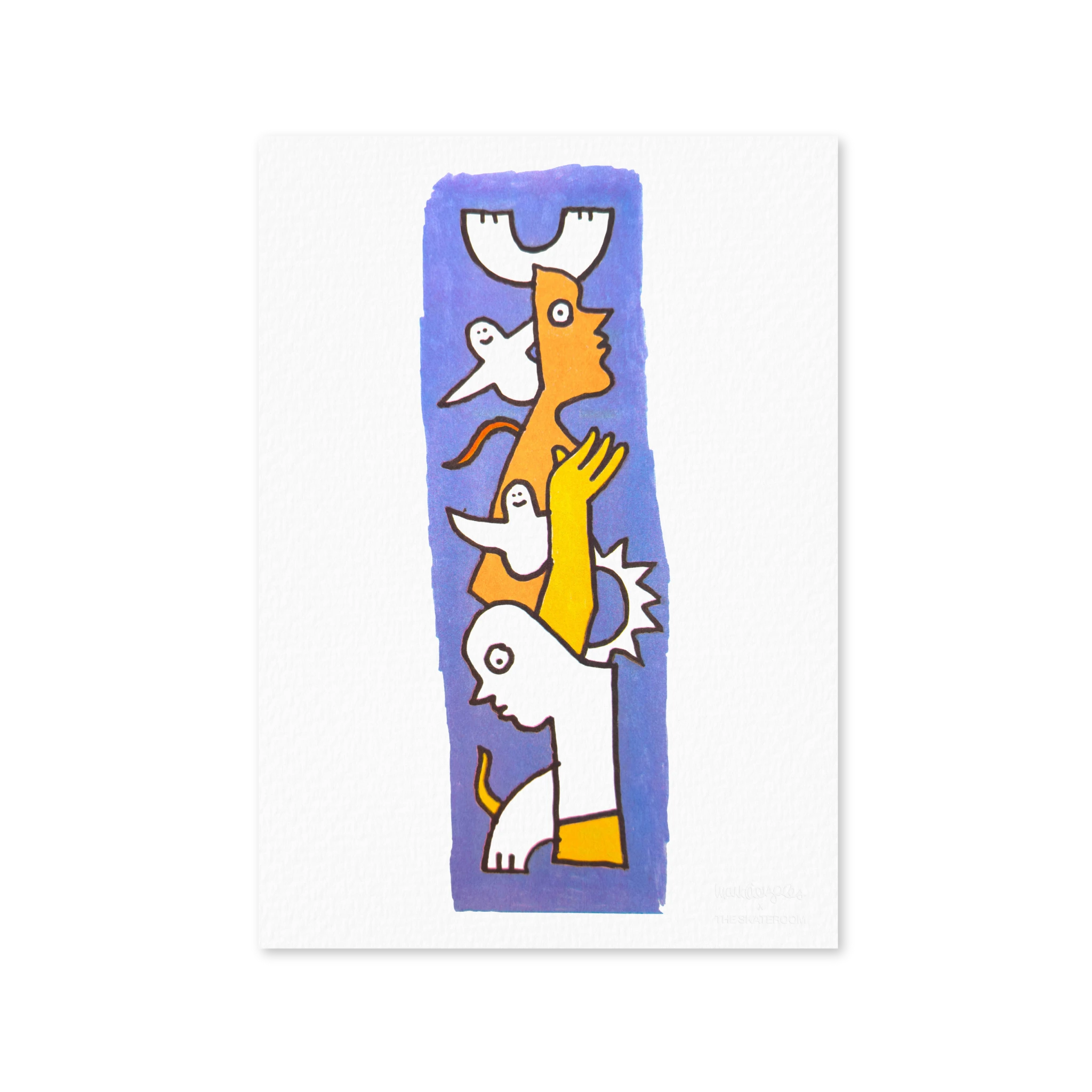 Mark Gonzales 'Untitled 2' print edition featuring a vertical composition of abstract human figures and flying doves against a textured blue background. A limited-edition risograph print, exclusively from THE SKATEROOM.