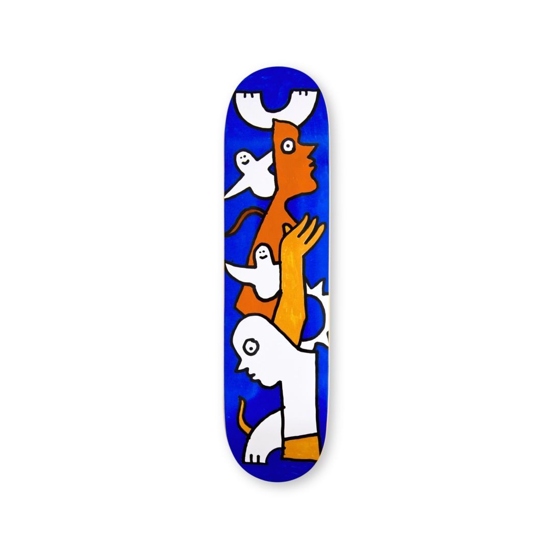 Mark Gonzales Untitled 2 skate deck featuring an abstract composition of orange and white human figures intertwined with white doves, set against a bold blue background.