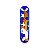 Mark Gonzales Untitled 2 skate deck featuring an abstract composition of orange and white human figures intertwined with white doves, set against a bold blue background.