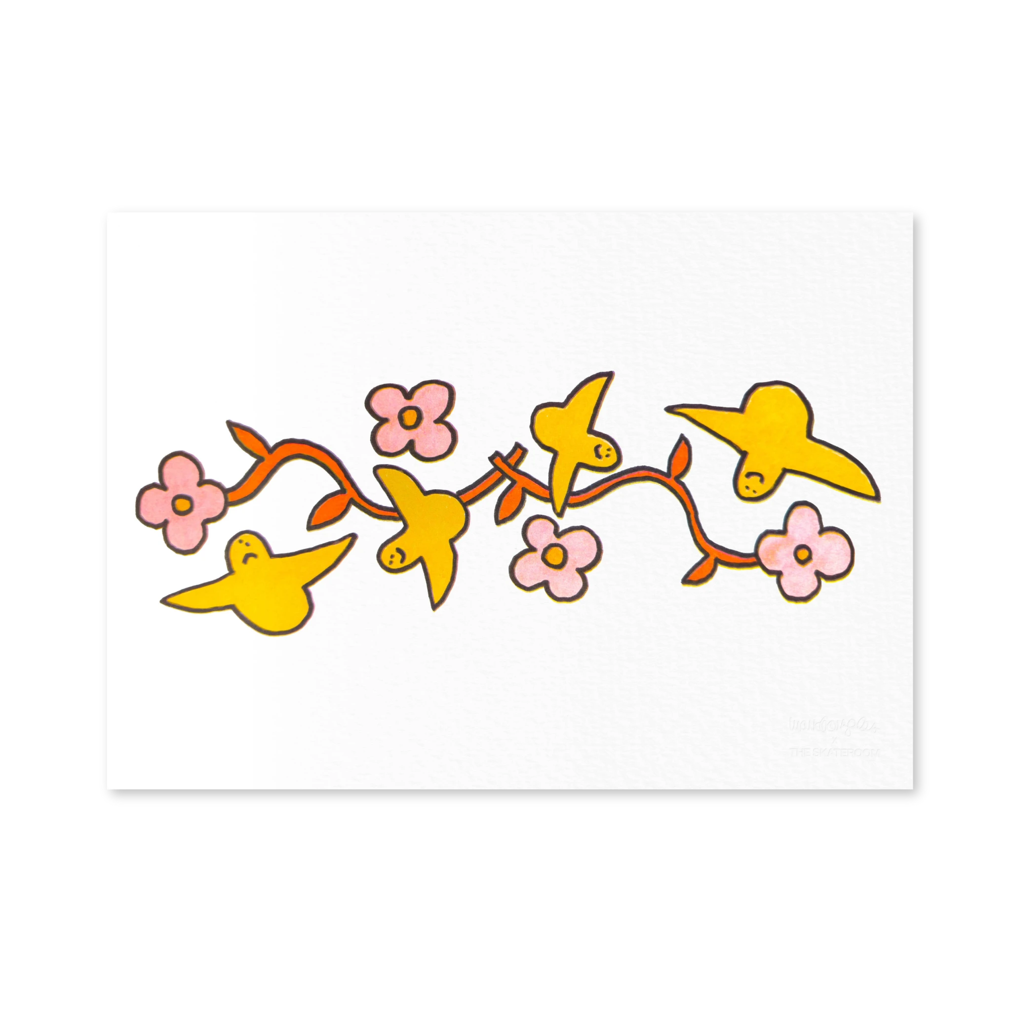 Mark Gonzales 'Untitled 3' print edition featuring his signature yellow flying doves intertwined with pink flowers on an orange vine. A limited-edition risograph print, exclusively from THE SKATEROOM.