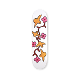 Mark Gonzales Untitled 3 skate deck featuring a whimsical design of golden birds perched on red branches intertwined with pink flowers, set against a white background.