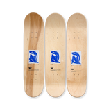 Top view of the Henri Matisse 'Blue Nude' skate decks set, featuring a minimalist natural wood finish with a small, vibrant print of the iconic artwork at its center.