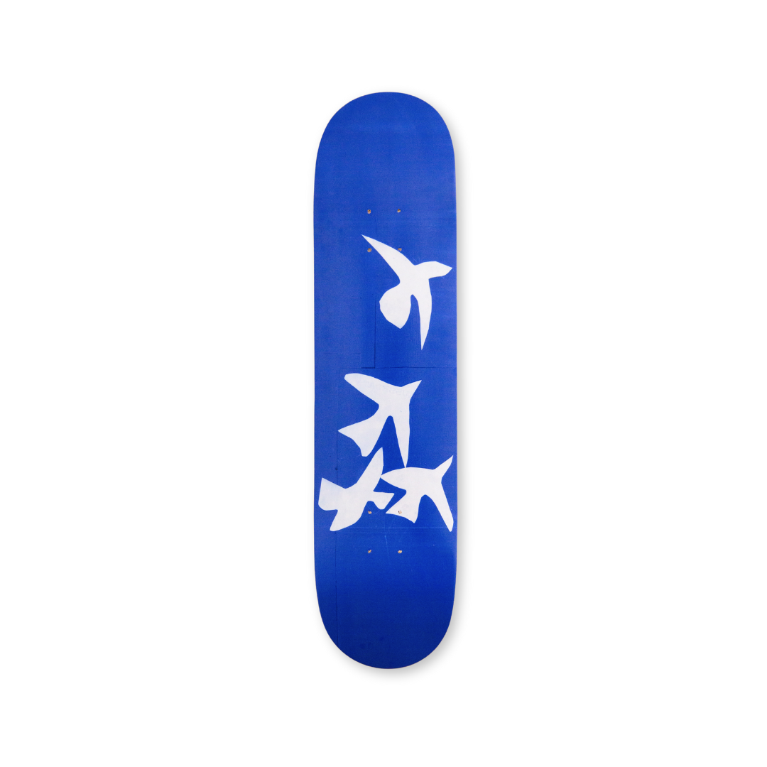 Henri Matisse 'Jazz' skateboard deck, featuring an iconic cut-out design in bold blue hues. Part of THE SKATEROOM's Classics collection.