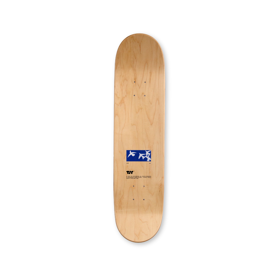 Top view of the Henri Matisse 'Jazz' skate decks set, featuring a minimalist natural wood finish with a small, vibrant print of the iconic artwork at its center.