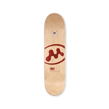 Mowalola Skateboard Top – natural wood top print with red Mowalola insignia and TSR logo. Top-side view.