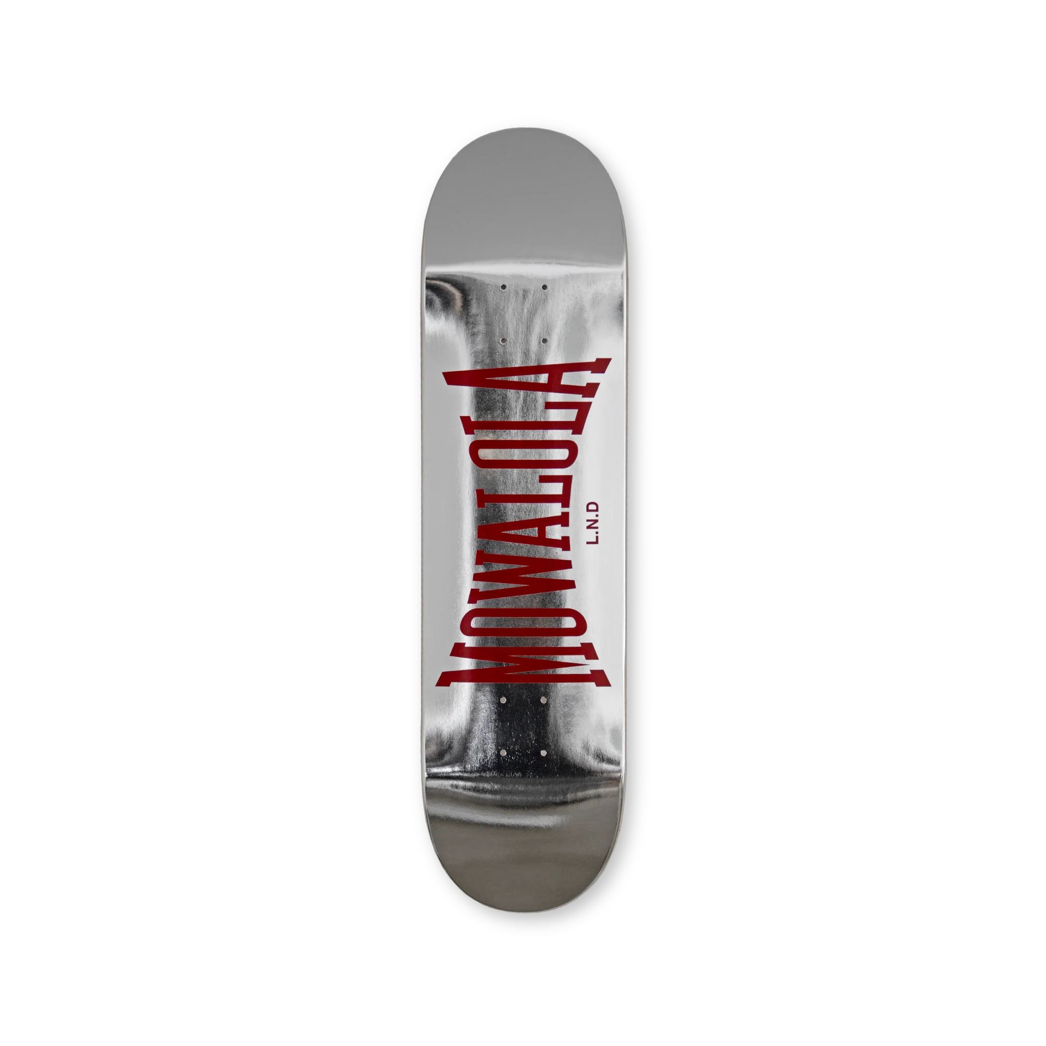 Mowalola Chrome Skateboard Top – silver top print with vertical red ‘MOWALOLA’ lettering. Polished industrial finish.