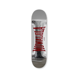 Mowalola Chrome Skateboard Top – silver top print with vertical red ‘MOWALOLA’ lettering. Polished industrial finish.