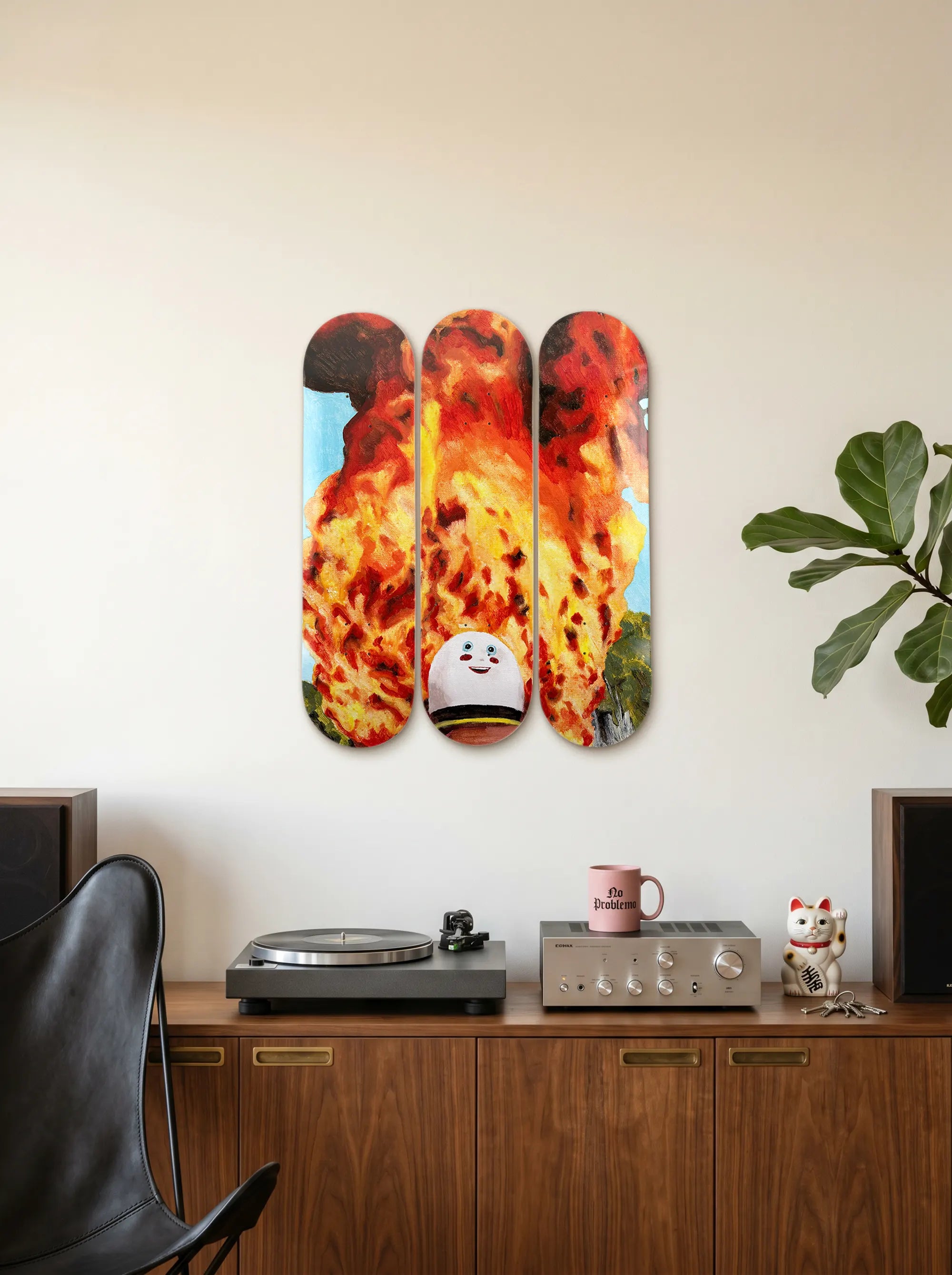Holy (Blaze and Amaze) collectible skate decks by Sangho Noh mounted on a wall as contemporary art in a modern interior