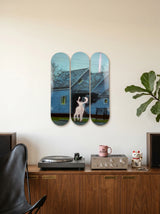 Holy (Oh Deer!) skate decks by Sangho Noh displayed as wall art in a contemporary interior above designer furniture