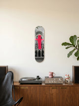Holy (Saint Elmo) art skateboard by Sangho Noh displayed vertically on a wall as a contemporary decorative object