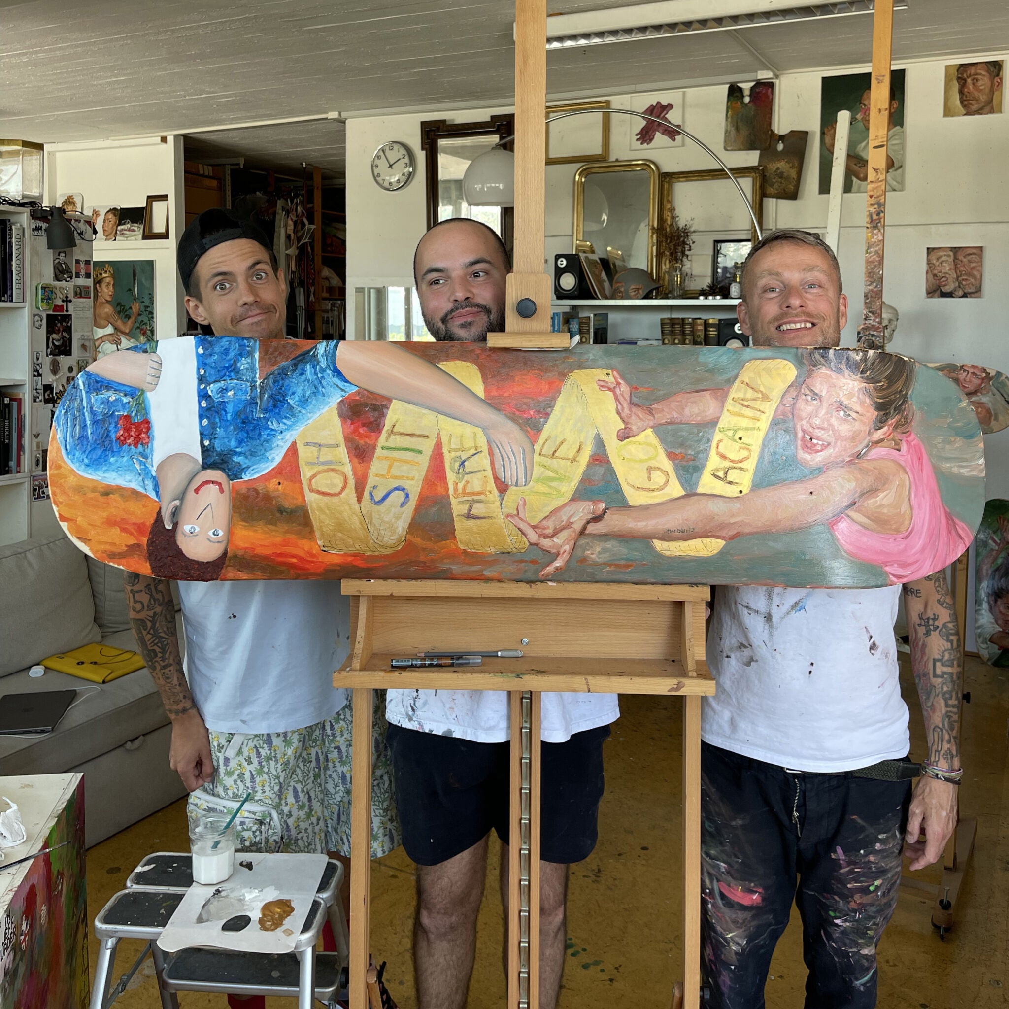 Full view of the XXXL skateboard art deck by CB HOYO, Evgen Čopi GORISEK, and Pascal MÖHLMANN, an extraordinary artistic masterpiece.