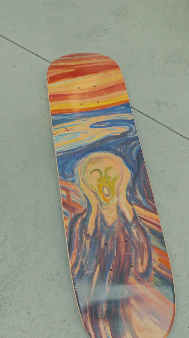 Details of the skate deck by THE SKATEROOM with the artwork "The Scream" by Edvard Munch.