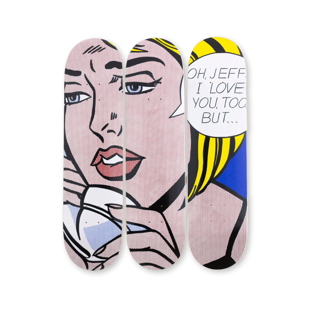 Roy Lichtenstein 'Oh Jeff… I Love You Too… But…' skateboard triptych by THE SKATEROOM, featuring iconic comic book-inspired art across three skate decks, perfect for collectors and wall displays.